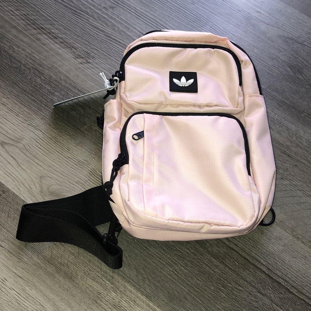 adidas Utility 4 Sling Sandy Pink & Black Rubber Trefoil Logo Sling Bag NWT